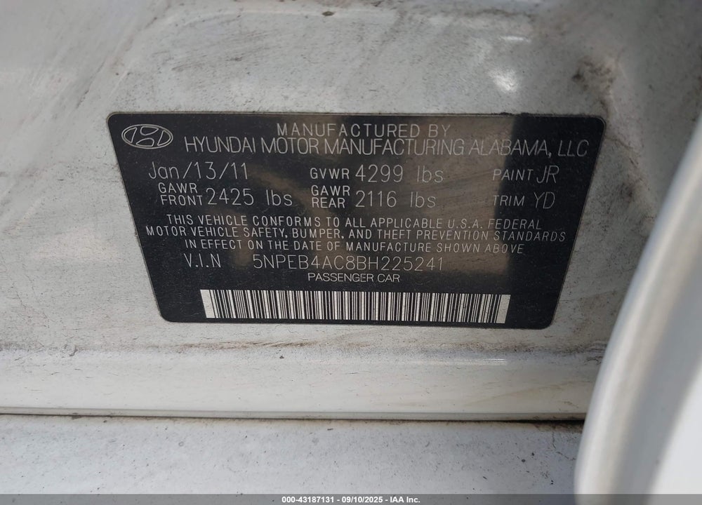 2011 HYUNDAI SONATA VIN: 5NPEB4AC8BH225241