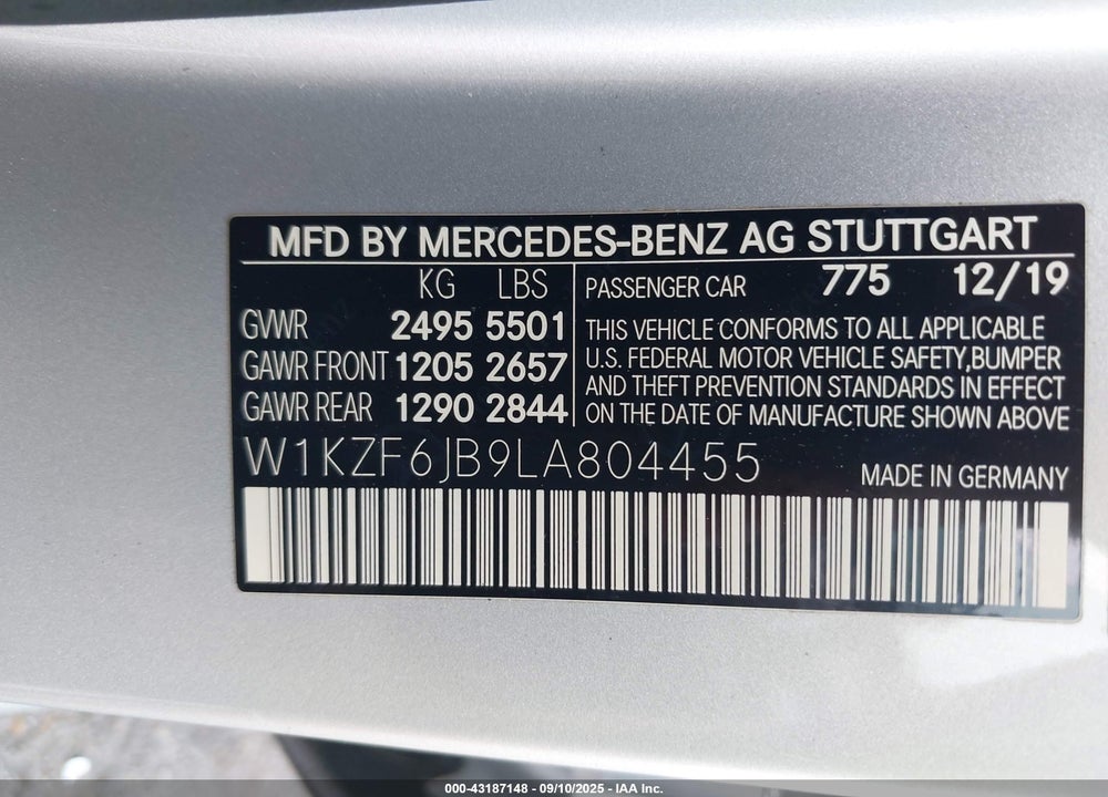2020 MERCEDES-BENZ E-CLASS VIN: W1KZF6JB9LA804455