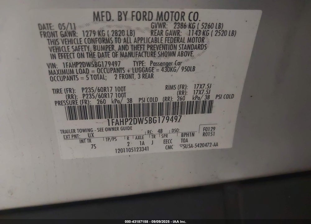 2011 FORD TAURUS VIN: 1FAHP2DW5BG179497