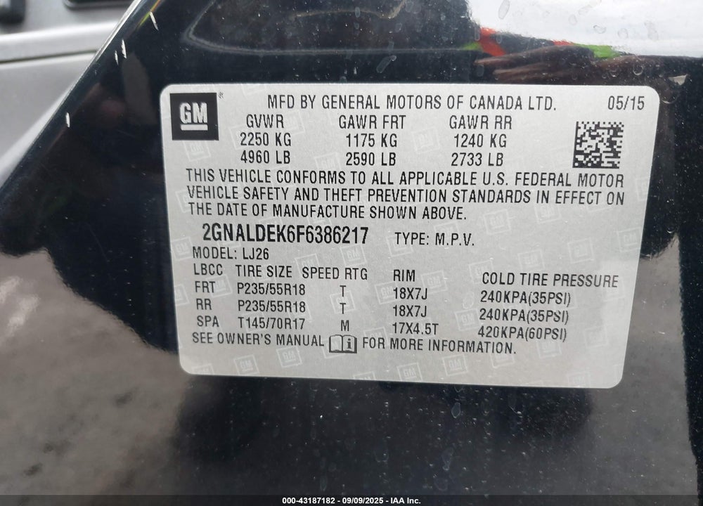 2015 CHEVROLET EQUINOX VIN: 2GNALDEK6F6386217