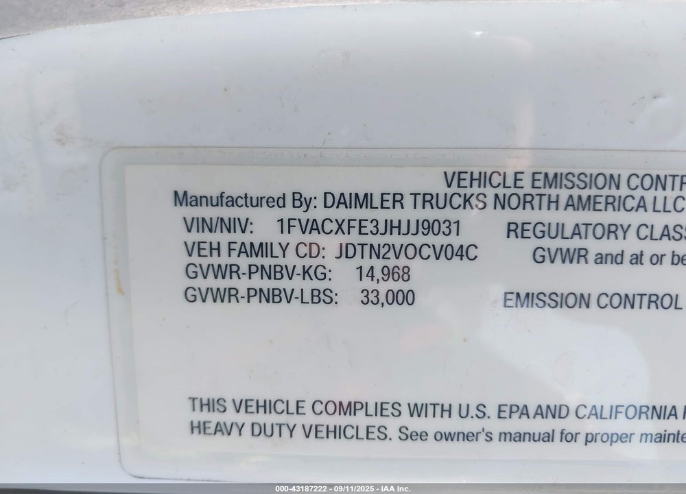 2018 FREIGHTLINER M2 106 VIN: 1FVACXFE3JHJJ9031