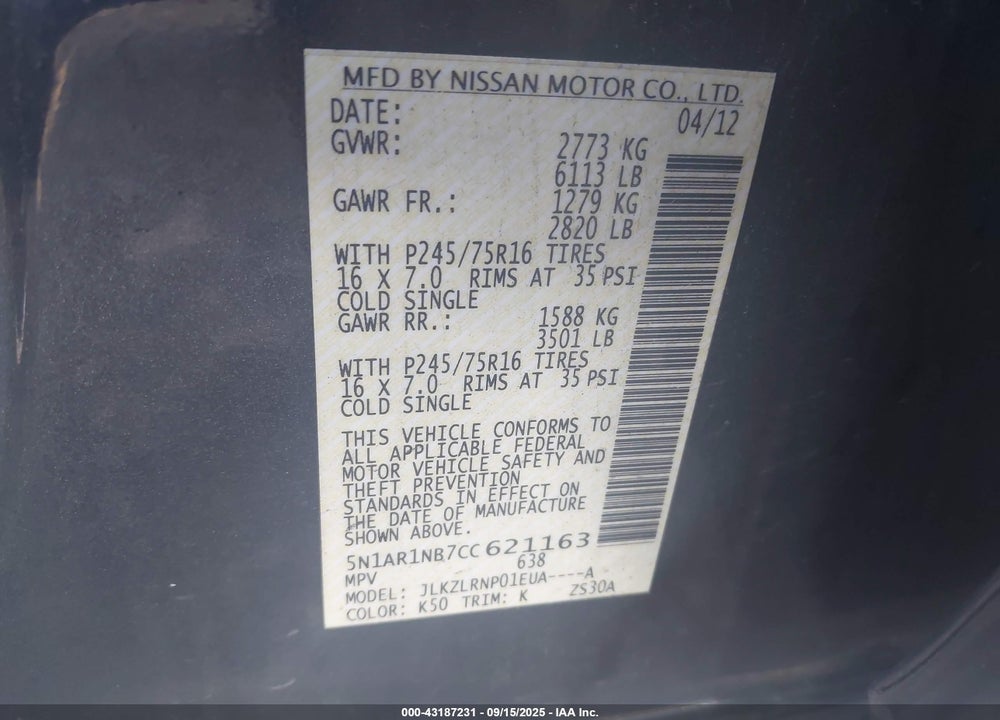 2012 NISSAN PATHFINDER VIN: 5N1AR1NB7CC621163