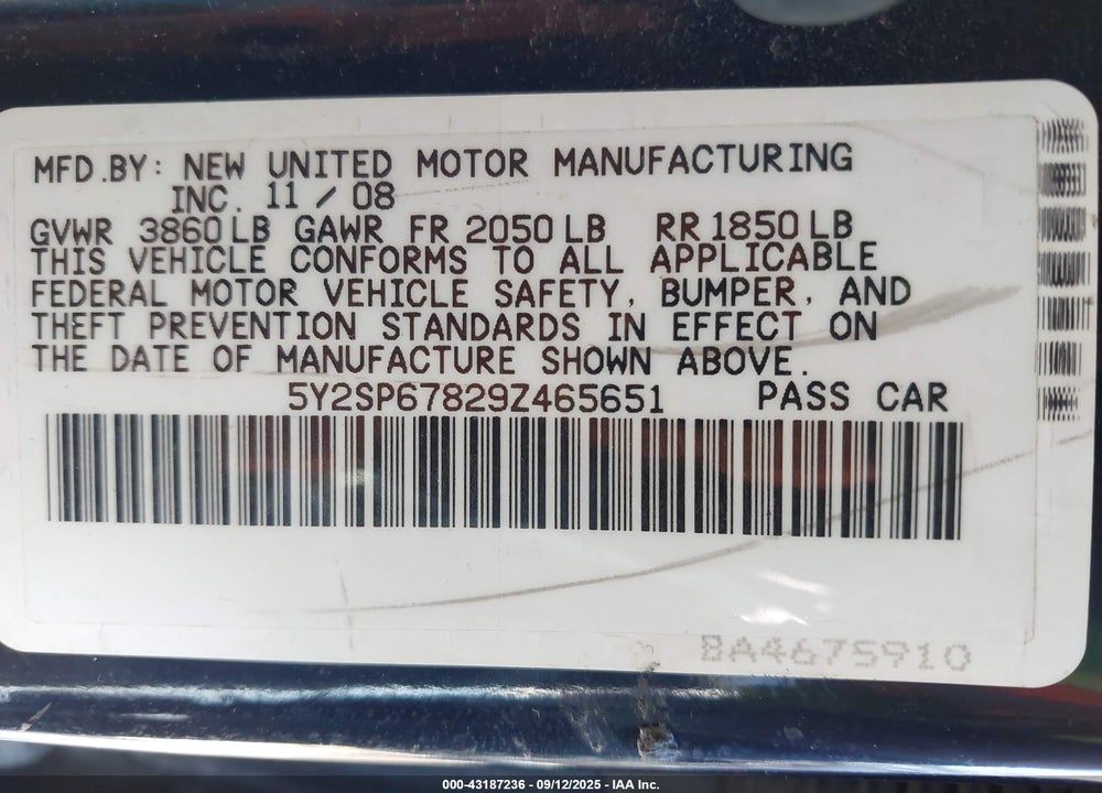 2009 PONTIAC VIBE VIN: 5Y2SP67829Z465651