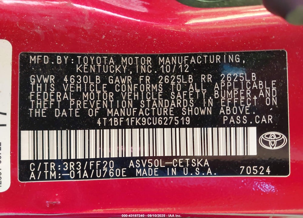 2012 TOYOTA CAMRY SE VIN: 4T1BF1FK9CU627519