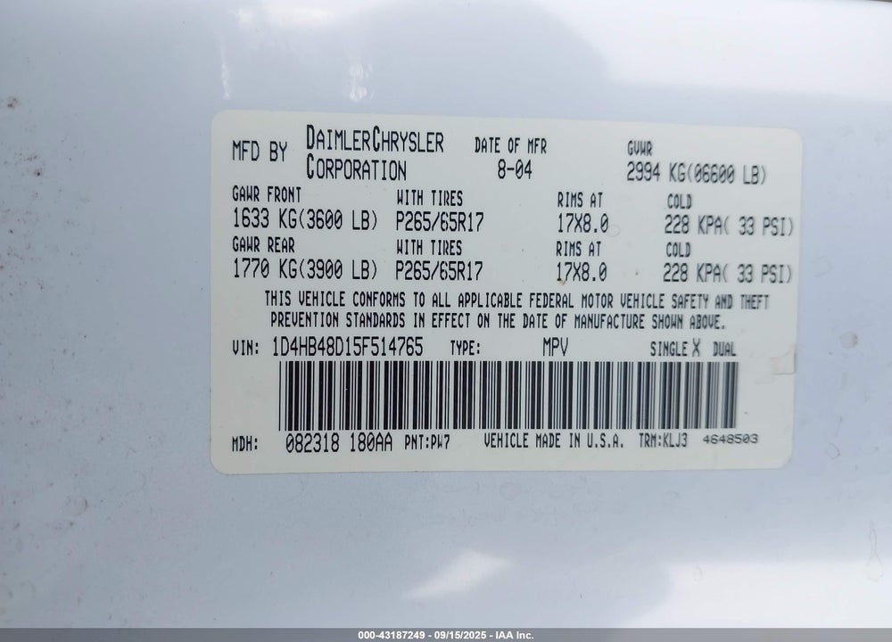 2005 DODGE DURANGO SLT VIN: 1D4HB48D15F514765