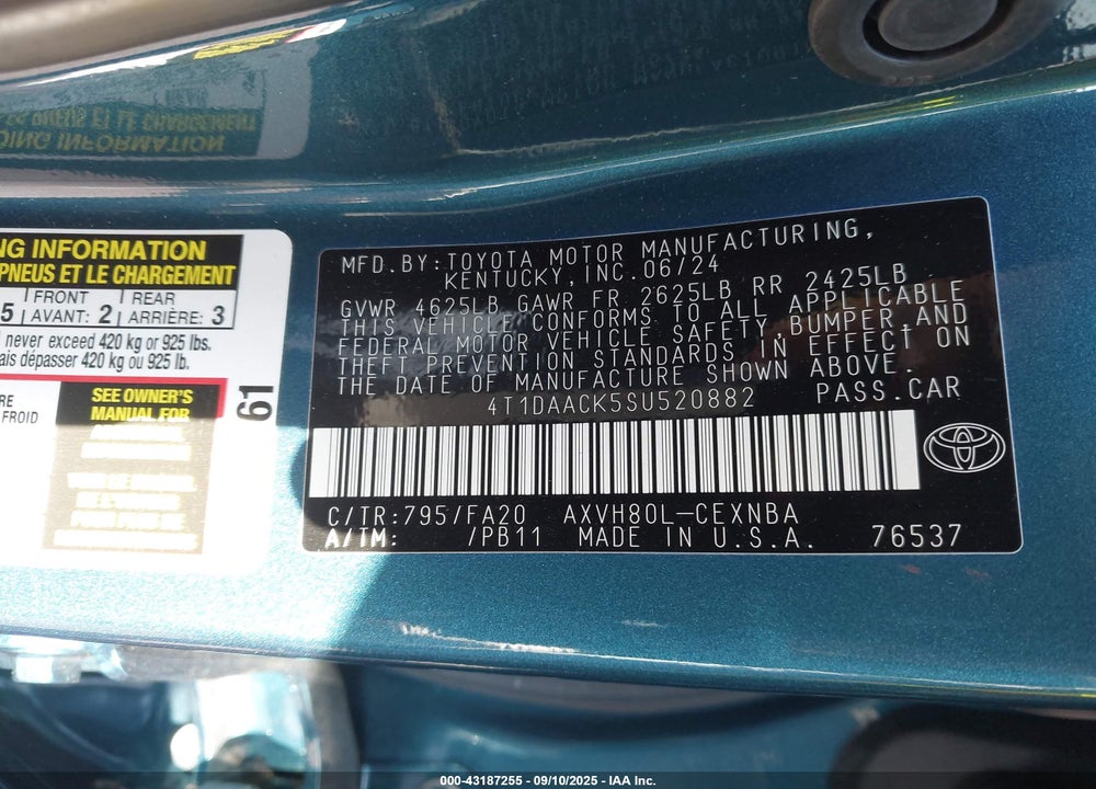 2025 TOYOTA CAMRY VIN: 4T1DAACK5SU520882