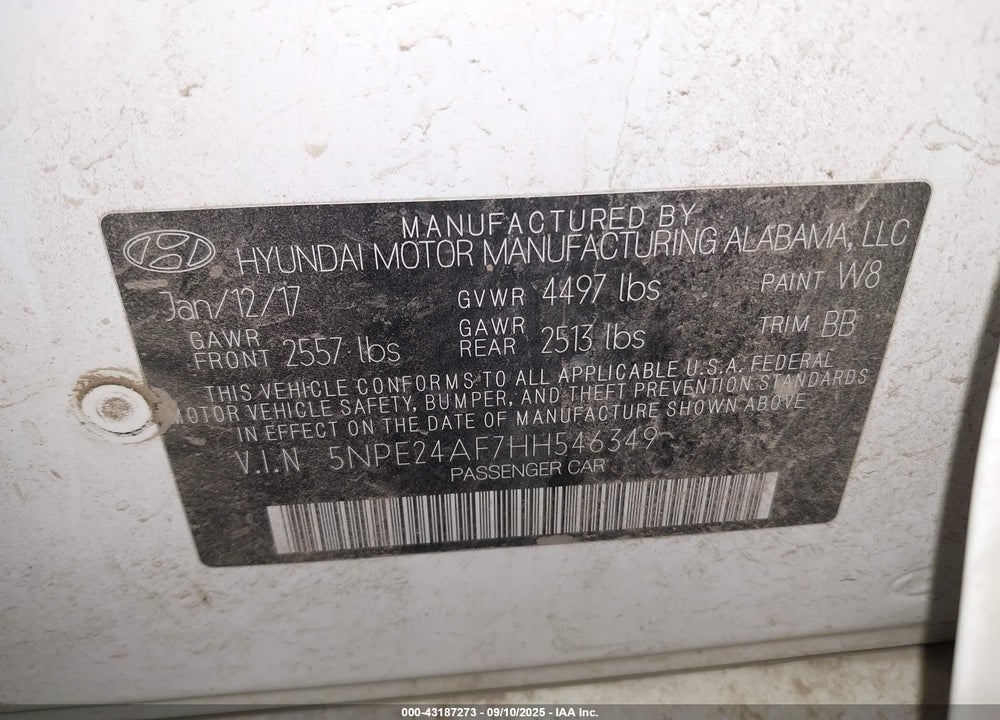 2017 HYUNDAI SONATA SE VIN: 5NPE24AF7HH546349