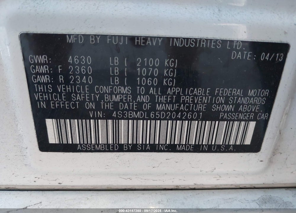 2013 SUBARU LEGACY VIN: 4S3BMDL65D2042601