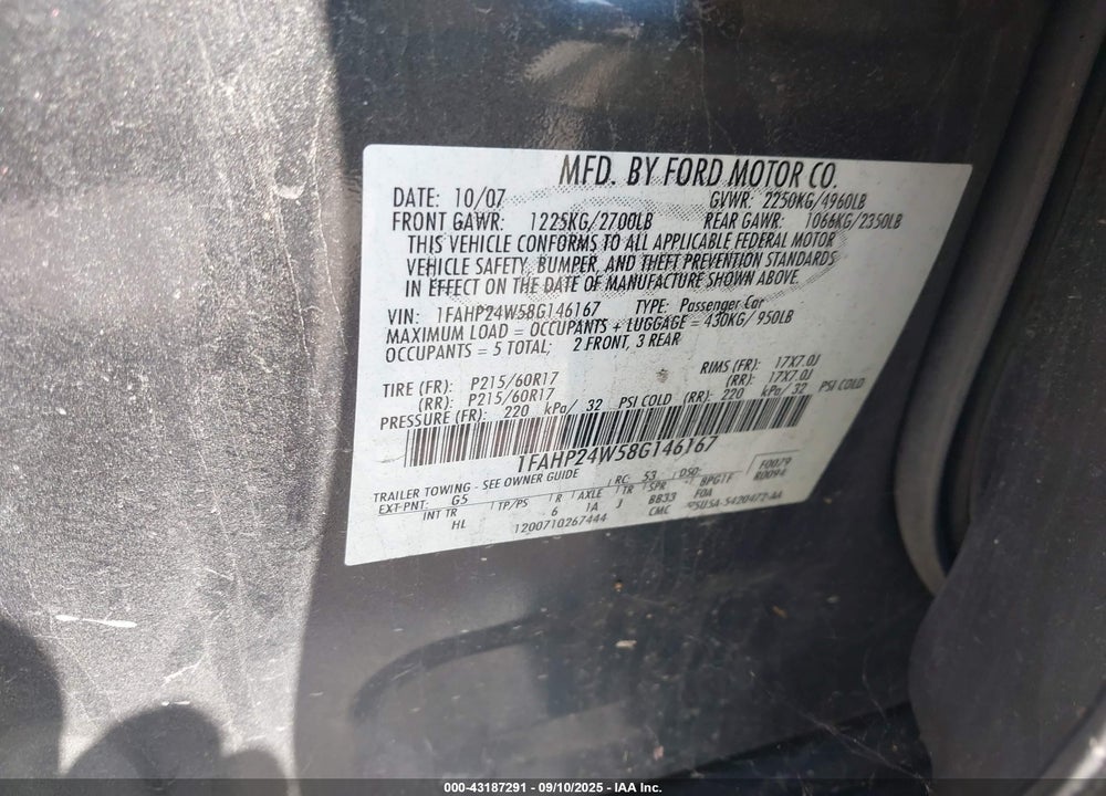 2008 FORD TAURUS VIN: 1FAHP24W58G146167