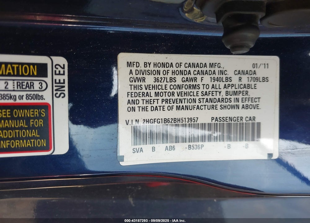 2011 HONDA CIVIC VIN: 2HGFG1B62BH513957