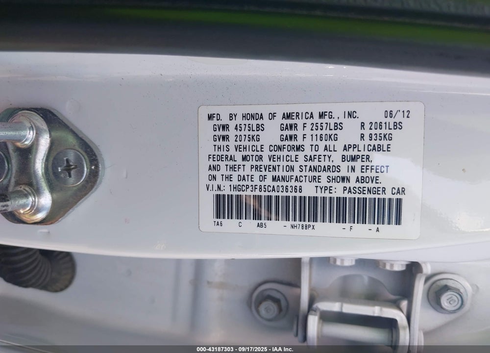 2012 HONDA ACCORD VIN: 1HGCP3F85CA036368