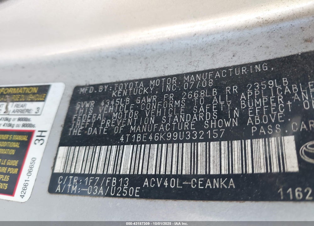 2009 TOYOTA CAMRY LE VIN: 4T1BE46K99U332157