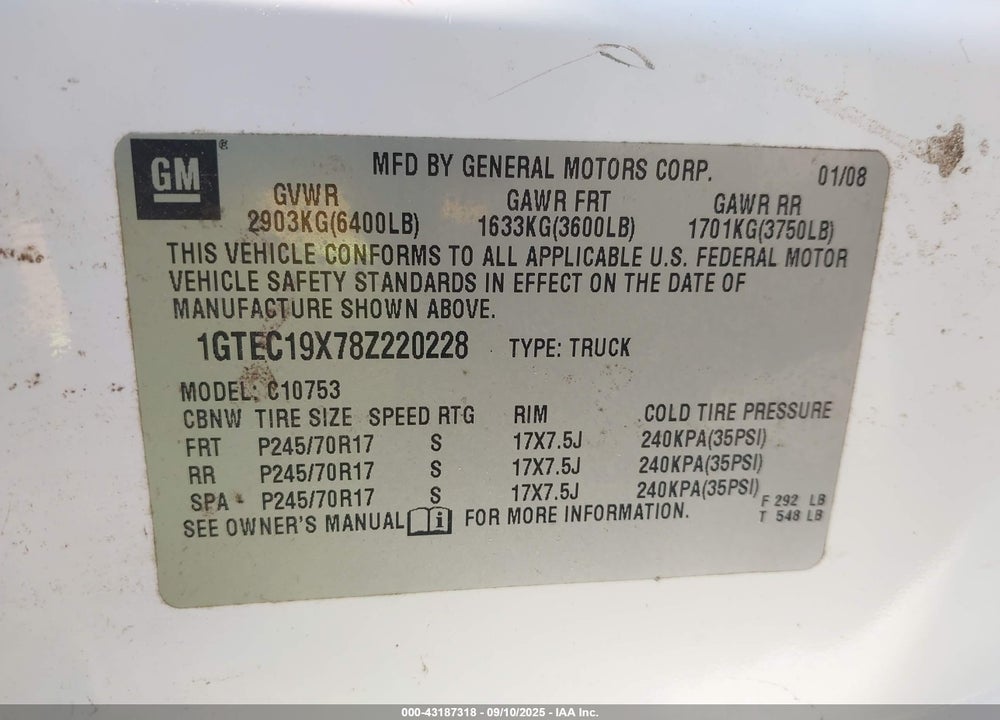 2008 GMC SIERRA 1500 WORK TRUCK VIN: 1GTEC19X78Z220228
