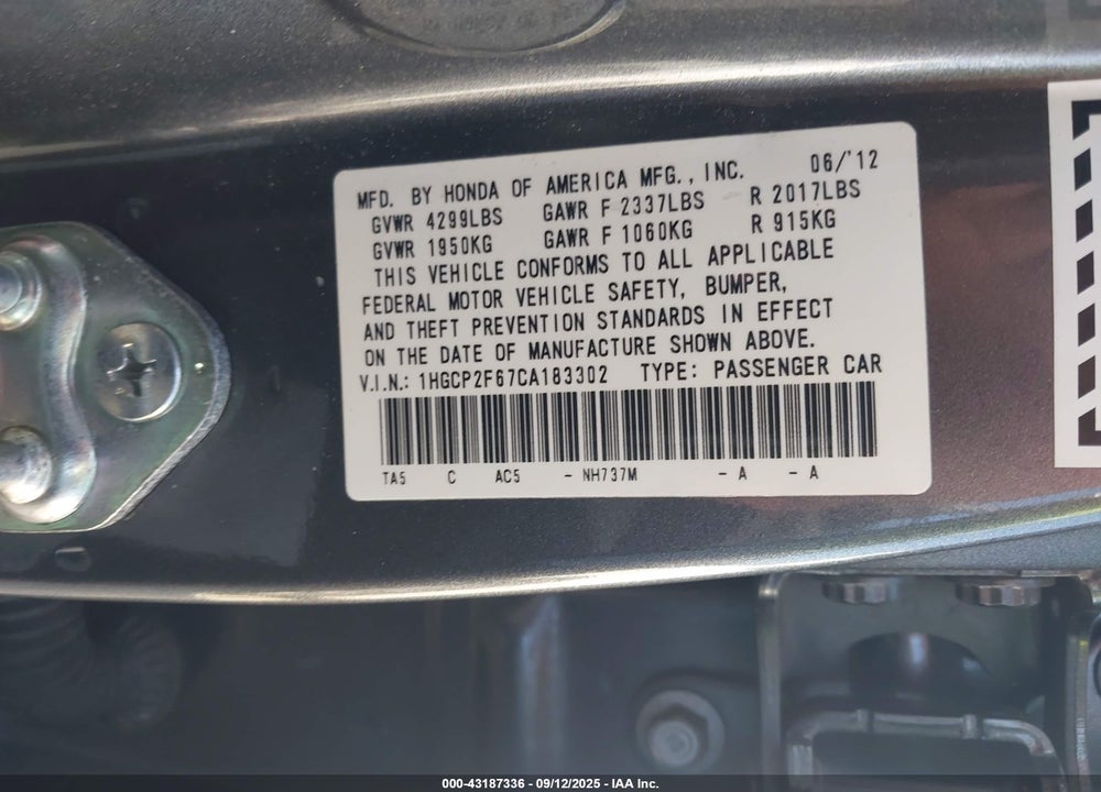 2012 HONDA ACCORD VIN: 1HGCP2F67CA183302