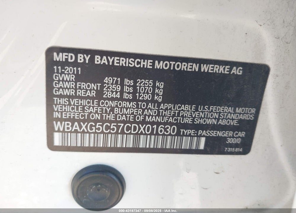 2012 BMW 528 VIN: WBAXG5C57CDX01630