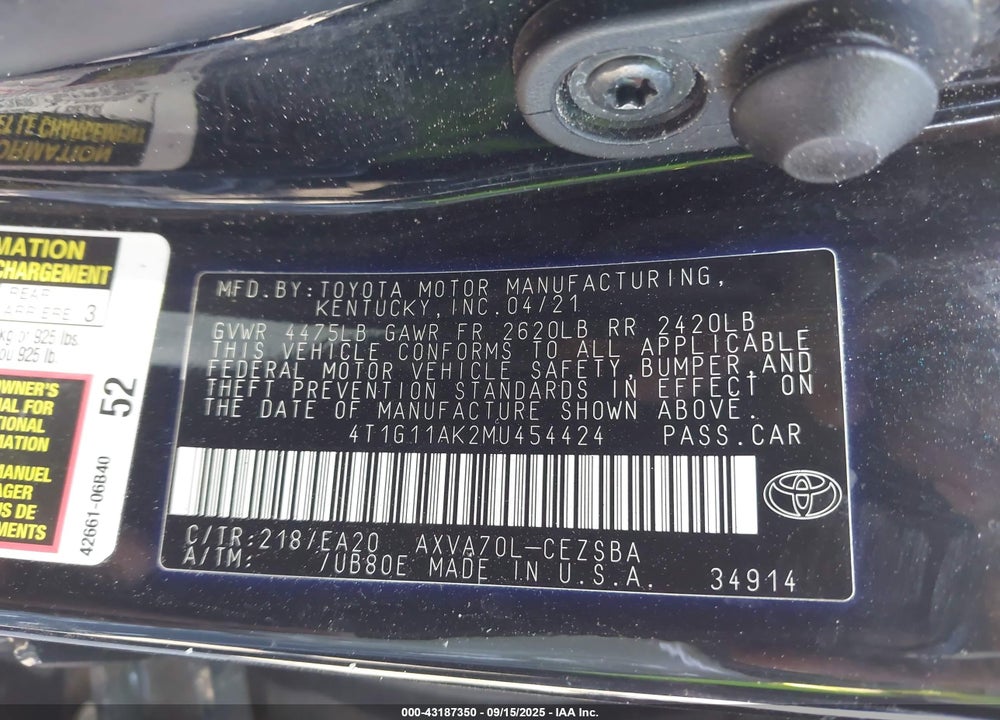 2021 TOYOTA CAMRY SE VIN: 4T1G11AK2MU454424