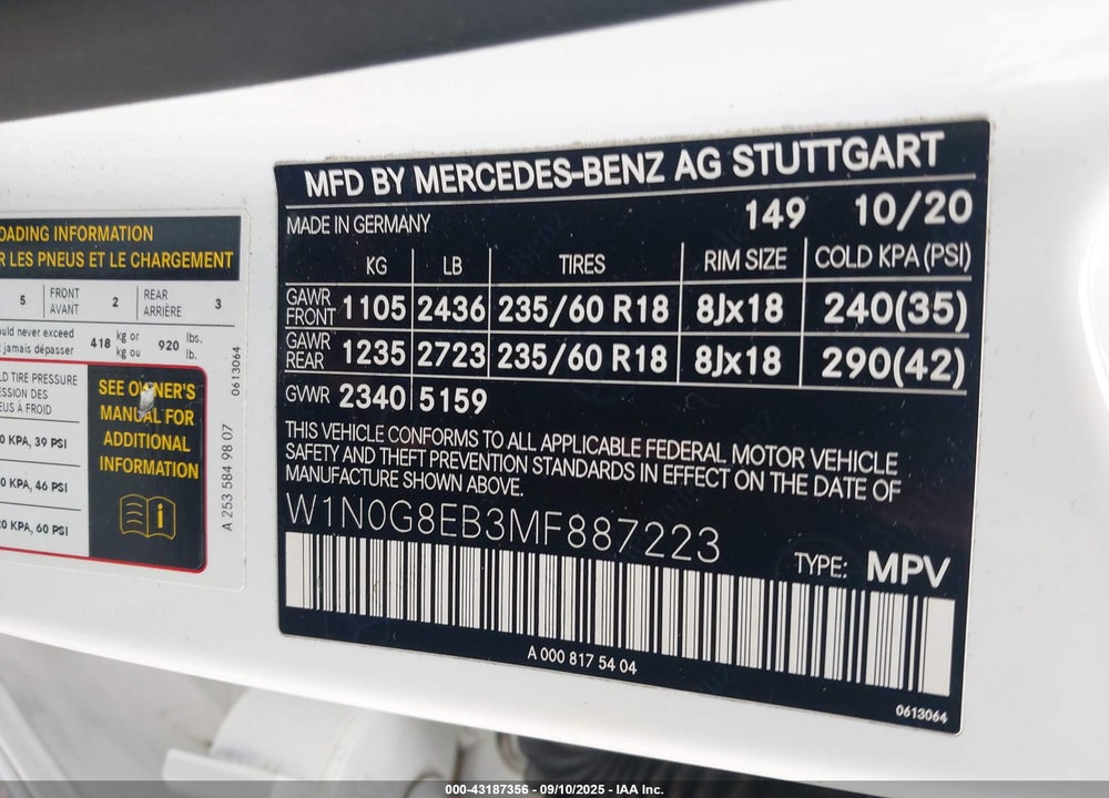 2021 MERCEDES-BENZ GLC CLASS VIN: W1N0G8EB3MF887223