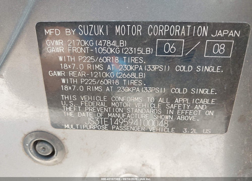 2009 SUZUKI GRAND VITARA VIN: JS3TE149594100048