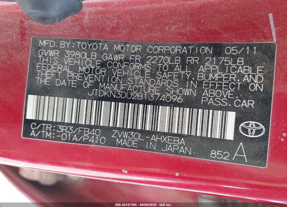2011 TOYOTA PRIUS TWO VIN: JTDKN3DU2B1374096