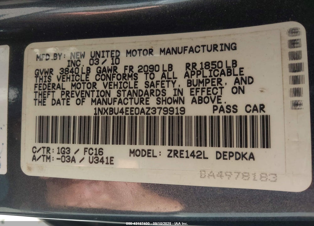 2010 TOYOTA COROLLA VIN: 1NXBU4EE0AZ379919