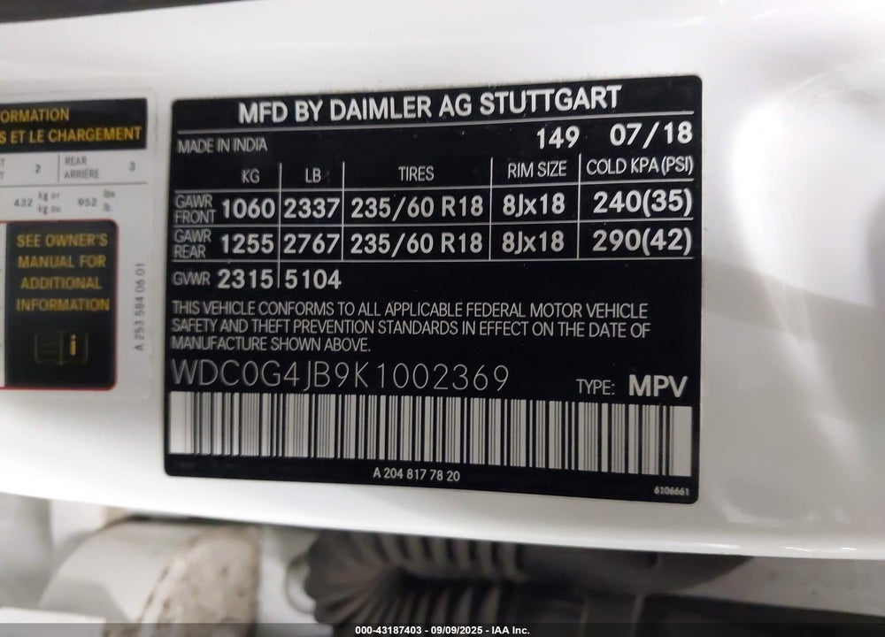 2019 MERCEDES-BENZ GLC CLASS VIN: WDC0G4JB9K1002369