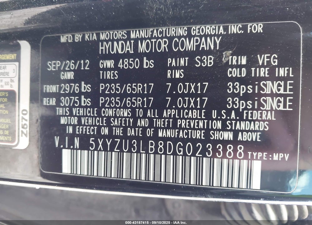 2013 HYUNDAI SANTA FE VIN: 5XYZU3LB8DG023388