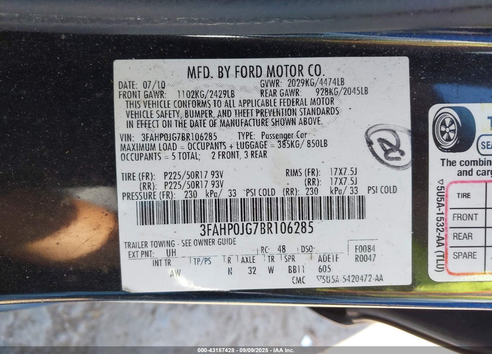2011 FORD FUSION SEL VIN: 3FAHP0JG7BR106285