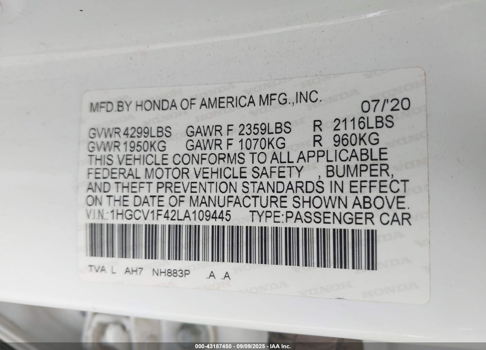 2020 HONDA ACCORD VIN: 1HGCV1F42LA109445
