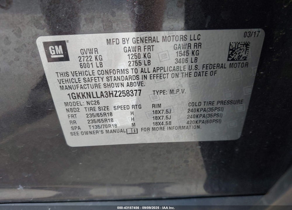 2017 GMC ACADIA VIN: 1GKKNLLA3HZ258377
