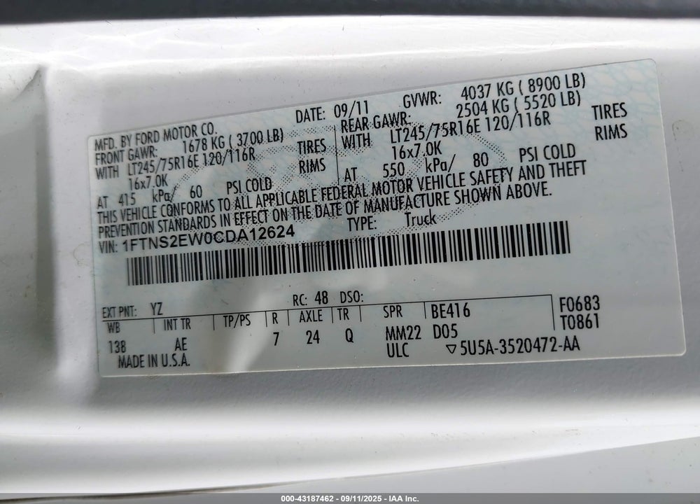 2012 FORD E-250 COMMERCIAL VIN: 1FTNS2EW0CDA12624