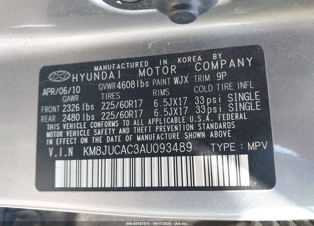 2010 HYUNDAI TUCSON GLS VIN: KM8JUCAC3AU093489
