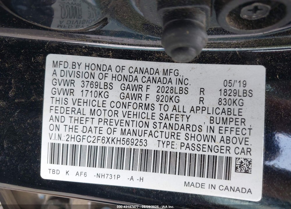 2019 HONDA CIVIC LX VIN: 2HGFC2F6XKH569253