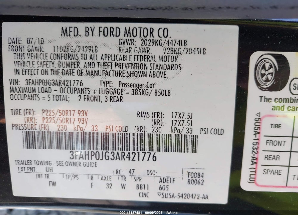 2010 FORD FUSION SEL VIN: 3FAHP0JG3AR421776
