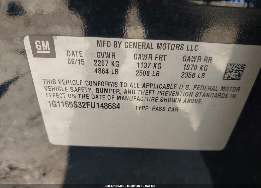 2015 CHEVROLET IMPALA 2LZ VIN: 1G1165S32FU148684