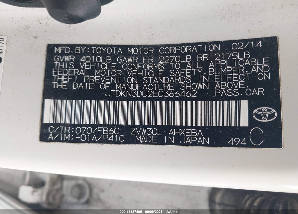 2014 TOYOTA PRIUS TWO VIN: JTDKN3DU2E0366462