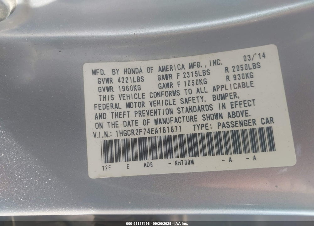 2014 HONDA ACCORD EX VIN: 1HGCR2F74EA187877