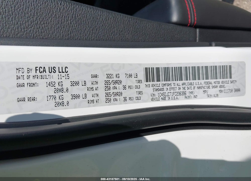 2015 DODGE DURANGO VIN: 1C4SDJCT1FC236396