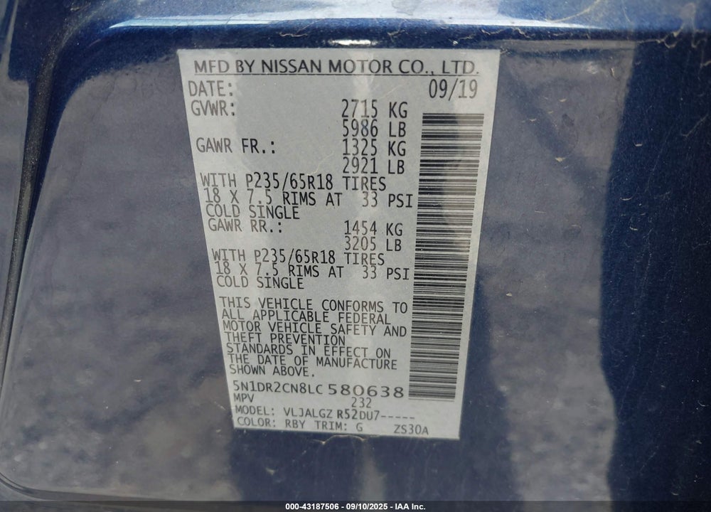 2020 NISSAN PATHFINDER VIN: 5N1DR2CN8LC580638