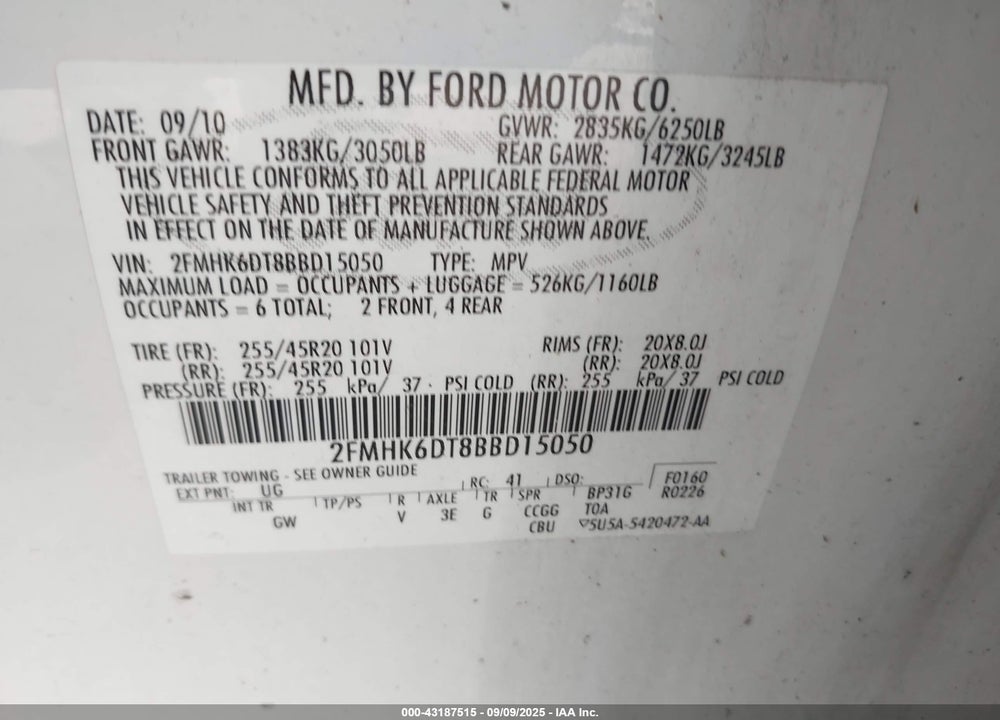 2011 FORD FLEX VIN: 2FMHK6DT8BBD15050
