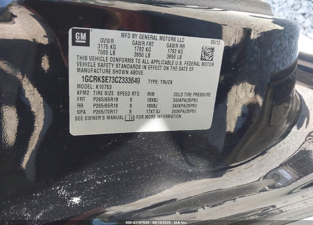 2012 CHEVROLET SILVERADO 1500 VIN: 1GCRKSE73CZ333649