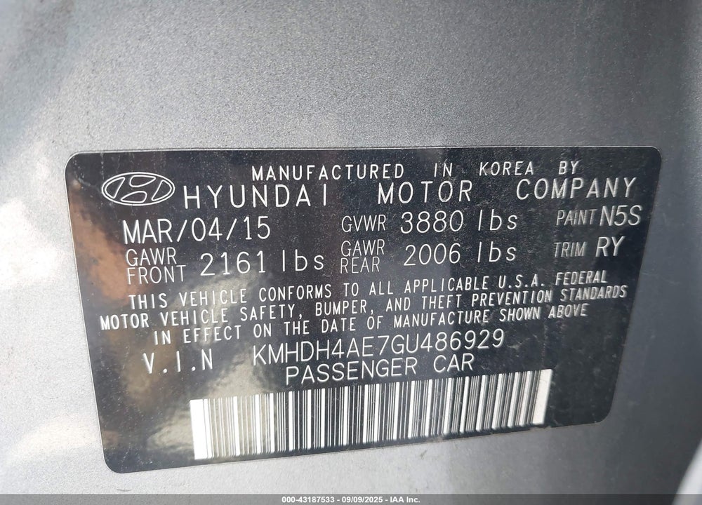 2016 HYUNDAI ELANTRA VIN: KMHDH4AE7GU486929