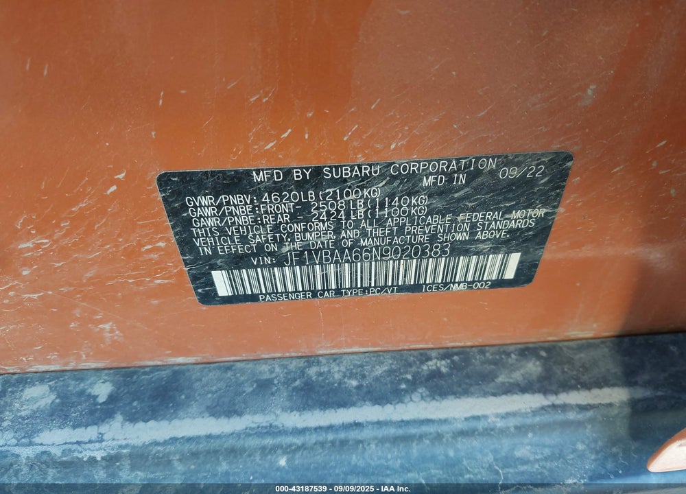 2022 SUBARU WRX VIN: JF1VBAA66N9020383