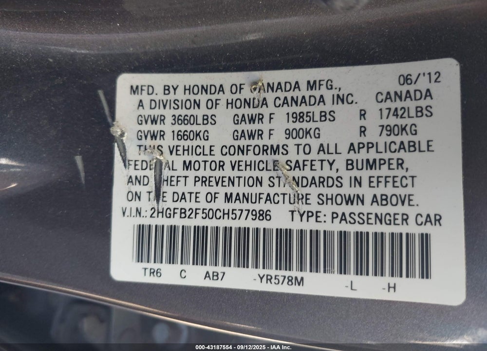 2012 HONDA CIVIC VIN: 2HGFB2F50CH577986