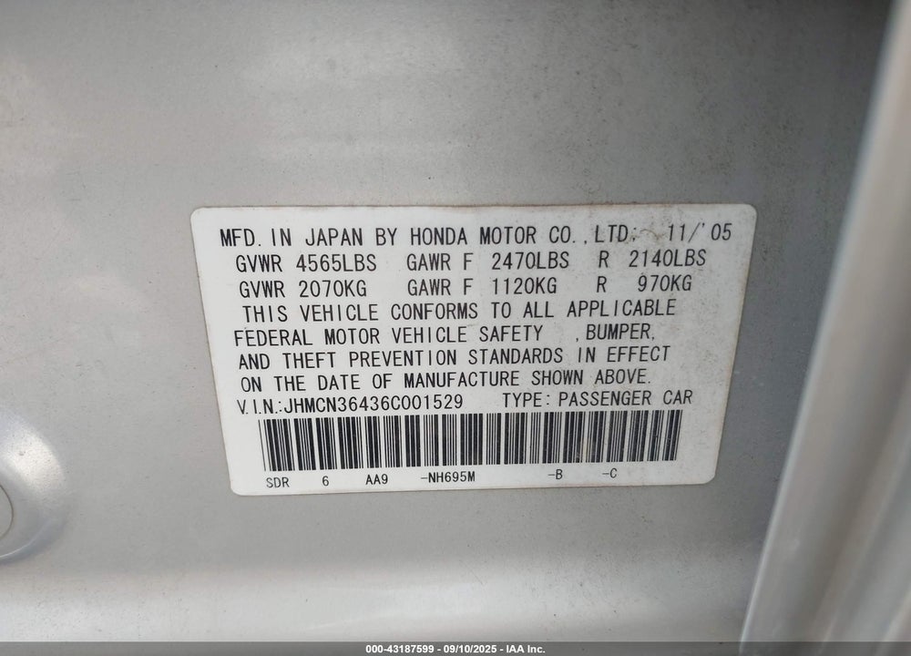 2006 HONDA ACCORD HYBRID VIN: JHMCN36436C001529
