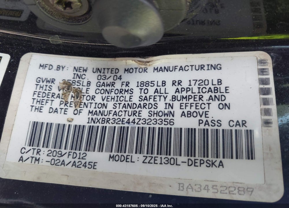 2004 TOYOTA COROLLA S VIN: 1NXBR32E44Z323356