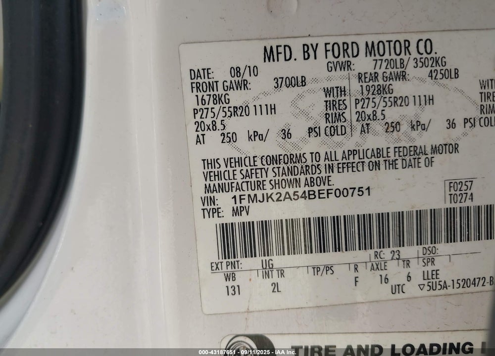 2011 FORD EXPEDITION VIN: 1FMJK2A54BEF00751
