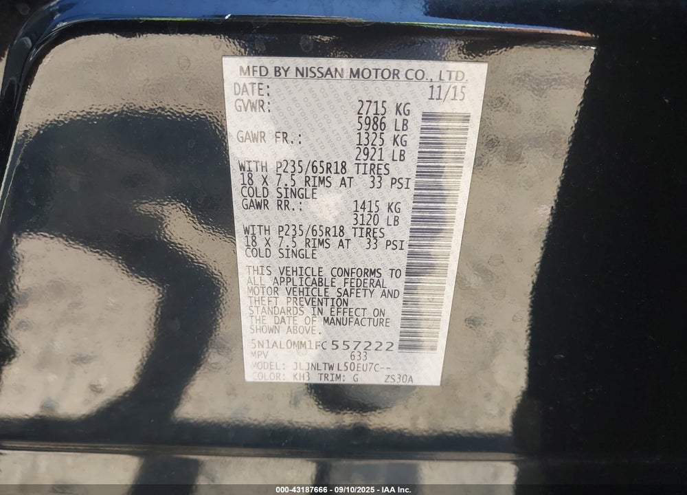 2015 INFINITI QX60 VIN: 5N1AL0MM1FC557222