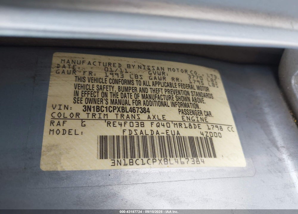 2011 NISSAN VERSA VIN: 3N1BC1CPXBL467384