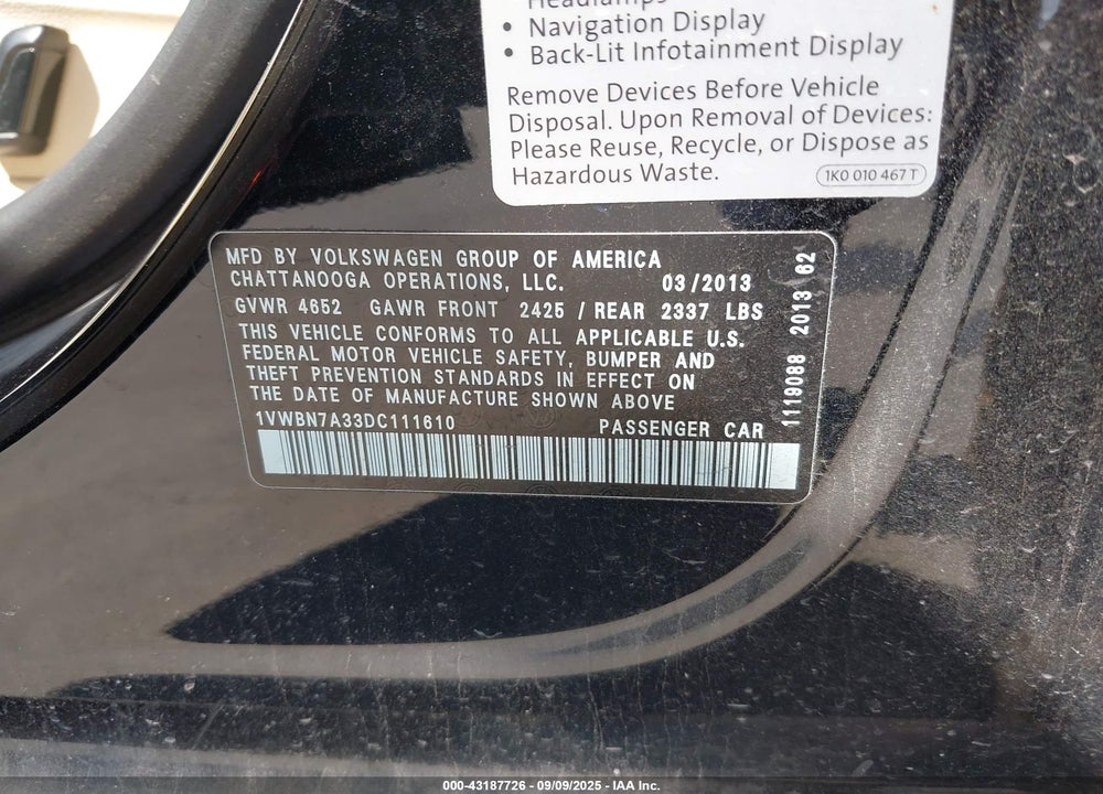 2013 VOLKSWAGEN PASSAT VIN: 1VWBN7A33DC111610