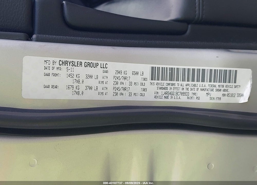 2011 JEEP GRAND CHEROKEE LAREDO VIN: 1J4RS4GG1BC709933